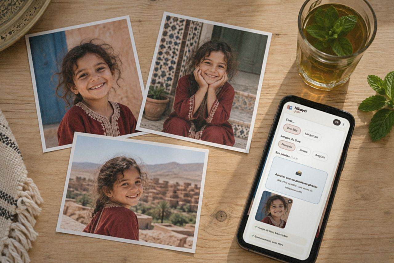 Photos d'une enfant et le site Hikayti sur un téléphone